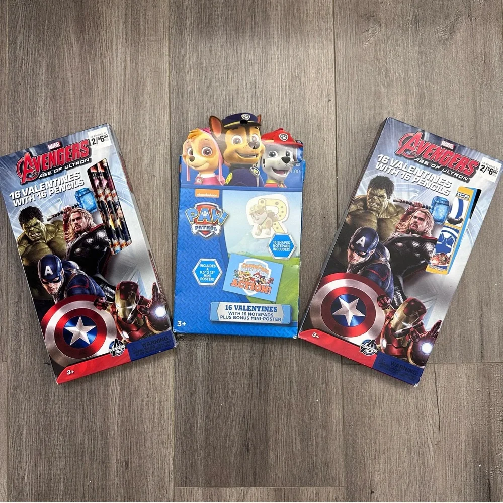 Valentines Cards Set of Three Boxes Avengers and Paw Patrol